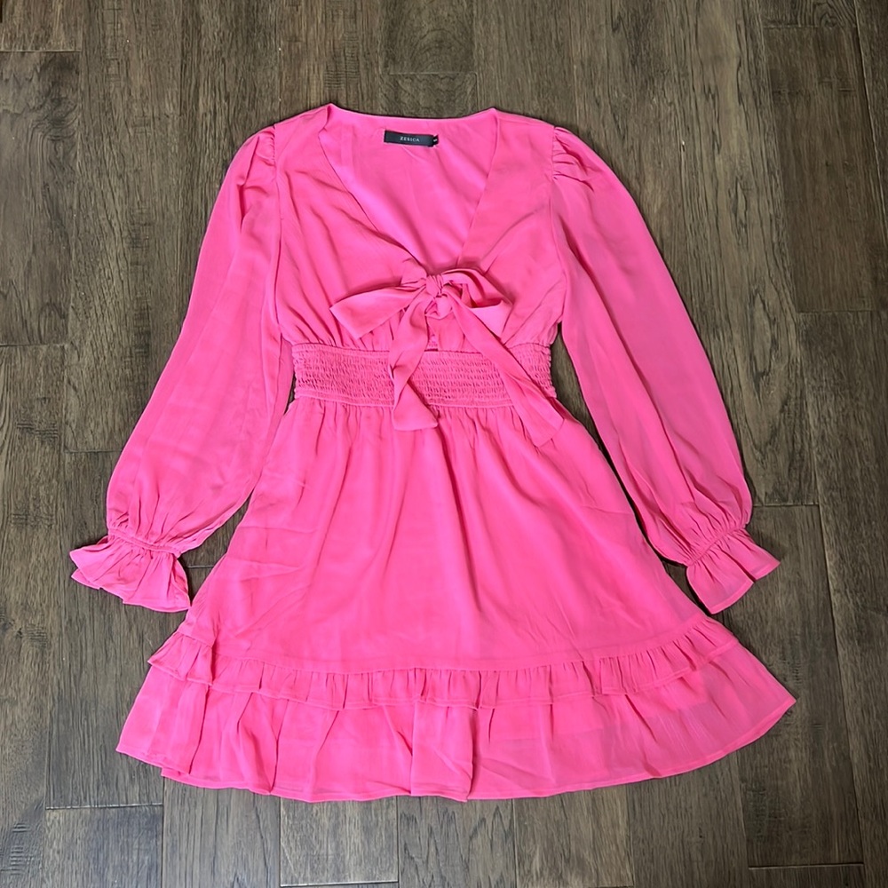 Pink front tie long sleeve dress